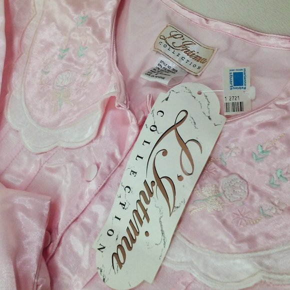 NWT NOS Prairie Collar Nightgown -M Buttons Pin-Tucks Puff LSL Shiny Pink Satin - Picture 7 of 11